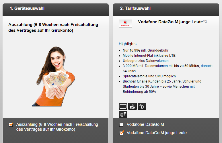 Vodafone LTE-Datenflat für junge Leute mit Auszahlung effektiv nur 5,99 Euro – Normalos 6,99 Euro