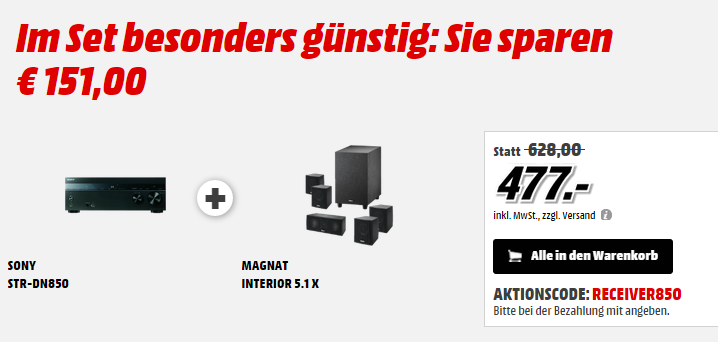 Sony STR-DN850 AV-Receiver + Magnat Interior 5.1X – Heimkinosystem mit Aktiv-Subwoofer für nur 477,- Euro bei Abholung