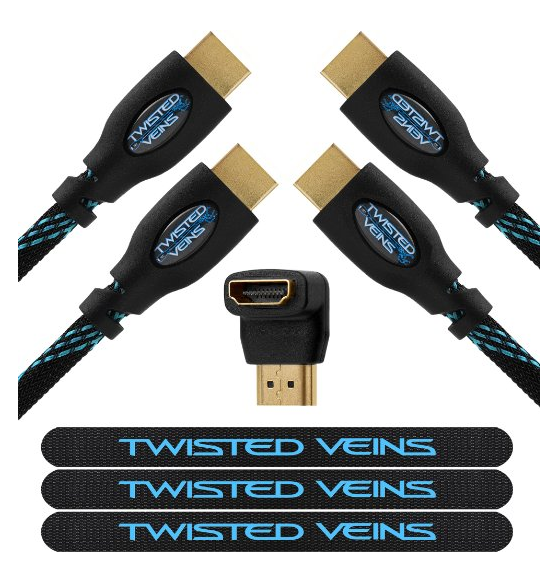 Twisted Veins 2 Stück 1,8m HDMI Hochgeschwindigkeits Kabel mit Gewebe Mantel+ Winkel Adapter und Klett Kabelbinder für nur 6,33 Euro bei Prime inkl. Versand