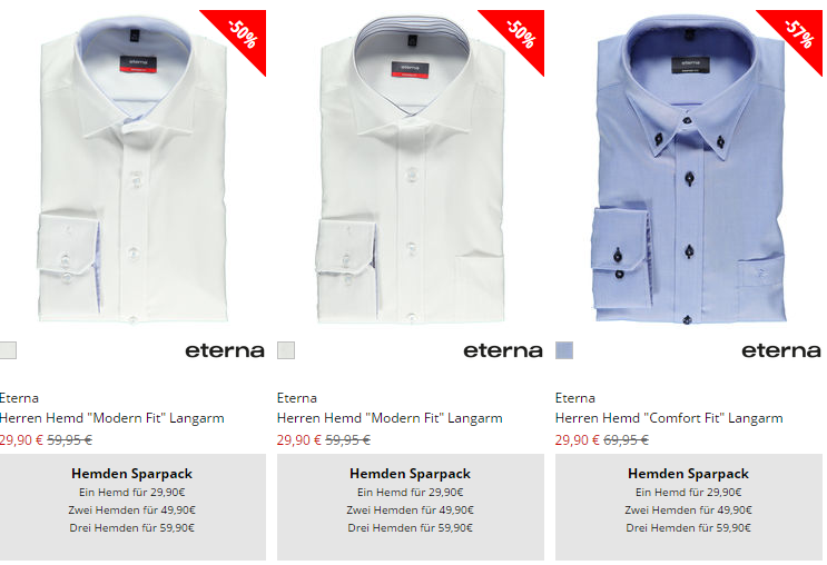 3er Pack Eterna Hemden für nur 63,85 Euro inkl. Versand