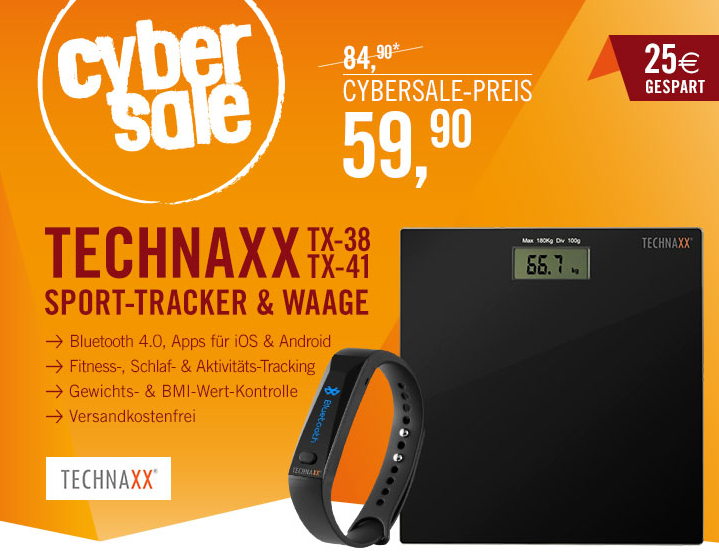Cybersale! Technaxx Fitness Armband Active TX-38 + Technaxx Fitness Waage TX-41 schwarz für nur 59,90 Euro inkl. Versand