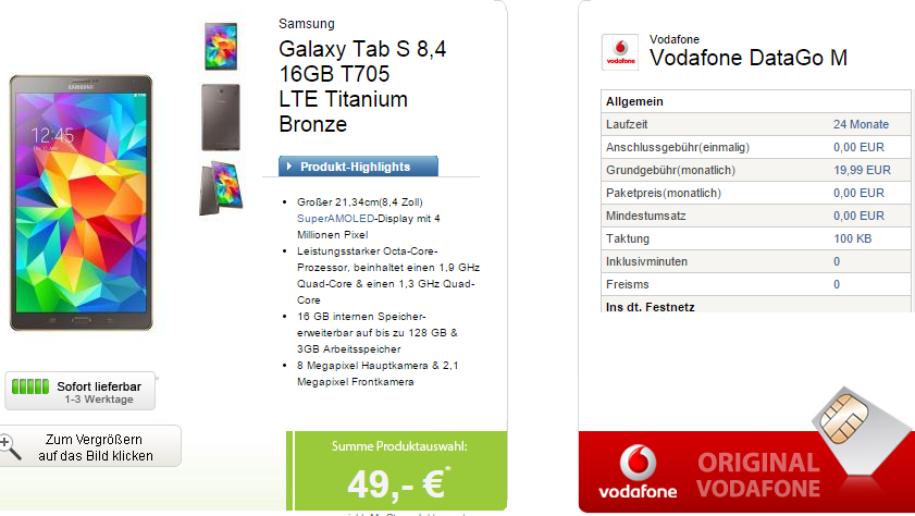 Galaxy Tab S 8,4 16GB T705 LTE + Vodafone DataGo M Tarif mit 3GB für nur 19,99 Euro im Monat + 49,- Euro Zuzahlung (Abzüglich Cashback)