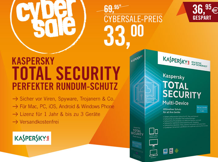 Kaspersky Total Security Multi-Device – 3 Geräte 1 Jahr (MiniBox) für nur 33,- Euro inkl. Versand