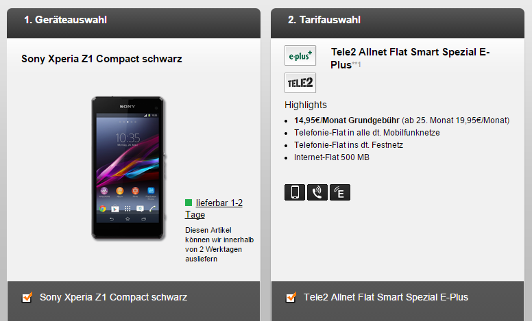 Tele2 Allnet Flat Smart Spezial E-Plus inkl. Sony Xperia Z1 Compact für nur 14,95 Euro monatlich!