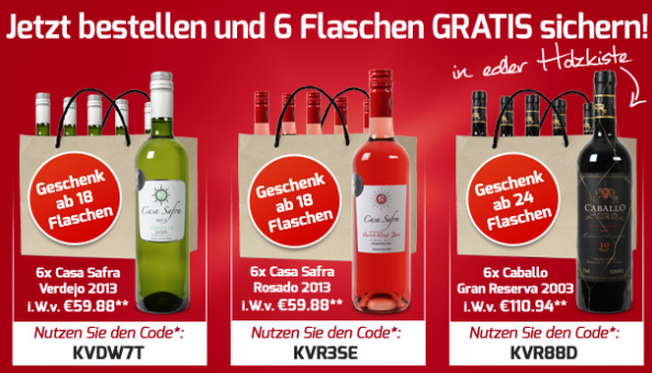 Nur Heute! Zu vielen Angeboten noch 6 Flaschen Rot-/Weiß-/Rosewein gratis erhalten