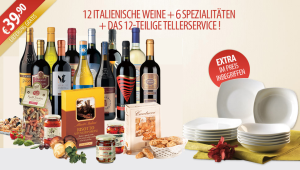 12 Flaschen Wein, 6 leckere Spezialitäten und ein 12-teiliges Tellerservice für nur 39,90 Euro inkl. Versand!