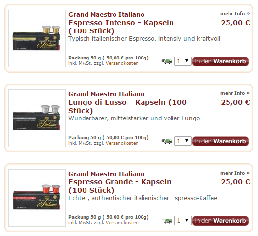 100 Kapseln Grand Maestro für nur 12,50 Euro pro Paket und das Ganze versandkostenfrei