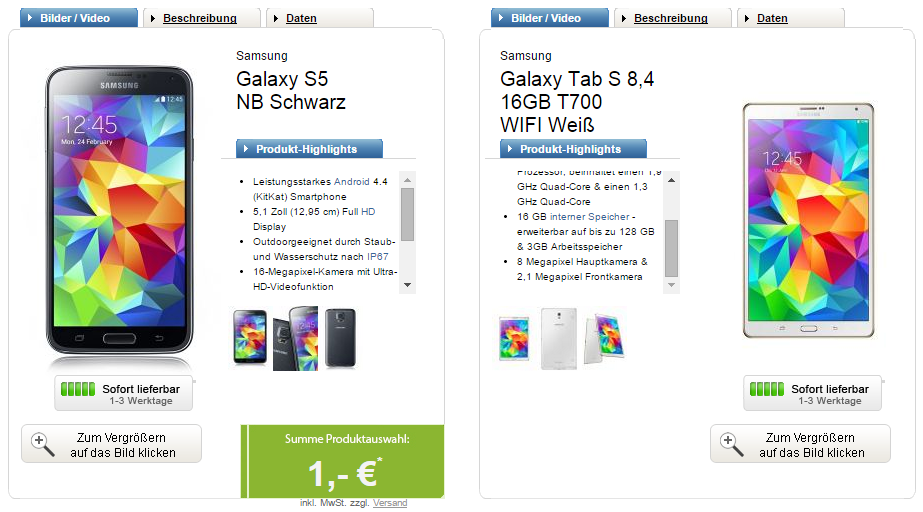 Vodafone Smart XL Tarif für nur 44,99 Euro im Monat + Galaxy S5 und Galaxy Tab S 8,4 16GB für einmalig 1,- Euro