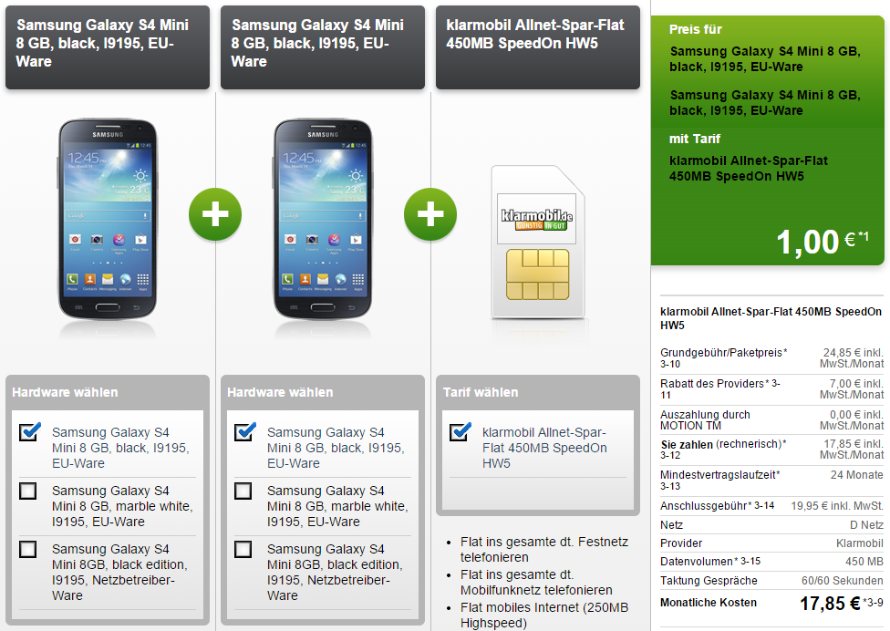 klarmobil Allnet-Spar-Flat 450MB Datenvolumen + 2mal Samsung Galaxy S4 Mini für nur 17,85 Euro im Monat