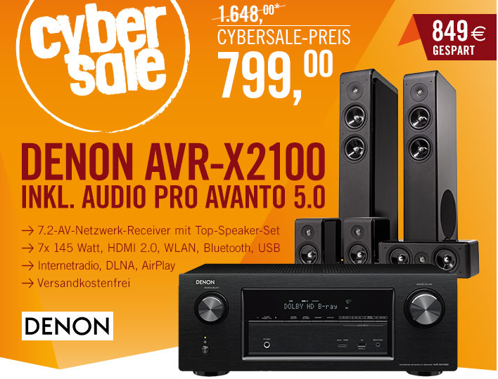 Denon AVR-X2100 7.2-Netzw.-Receiver mit Audio Pro Avanto 5.0 Lautsprecherset für nur 799,- Euro als Cyberport Weekend Deal!