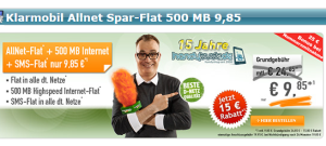 Klarmobil Allnet-Flat im Telekom Netz mit SMS- Flat und 500MB Internet-Flat für 9,85 Euro im Monat bei Handybude!