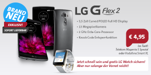 LG G Flex 2 mit LG Watch für einmalig nur 4,95 Euro mit MD Telekom Magenta S Special Tarif für 39,95 Euro monatlich bei Sparhandy!