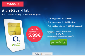 Top! O2 Allnet-Spar-Flat mit Allnet-Telefonflat und 500 MB Datenvolumen für eff. nur 5,99 Euro montlich als Sim-Only Angebot!