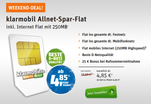 Ab 18:00 Uhr: Klarmobil Allnet-Sparflat mit Allnet-Telefonflat und 250MB Datenvolumen für 4,85 Euro in den ersten 12 Monaten im Telekom Netz!