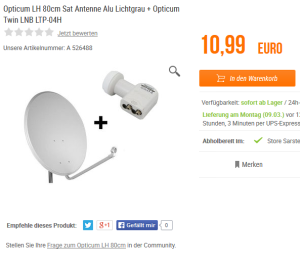 Oberknaller! Opticum LH 80cm Sat Antenne Alu Lichtgrau + Opticum Twin LNB LTP-04H für nur 10,99 Euro inkl. Versand!