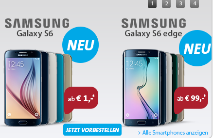 Vodafone Smart XL Tarif für nur 44,99 Euro im Monat + Galaxy S6 (32GB) für einmalig 1,- Euro (Galaxy S6 Edge für 99,- Euro)