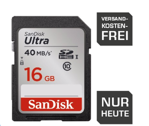 SANDISK SDHC Ultra 16GB Speicherkarte (Class 10, UHS-I, 40MB/Sec) für nur 6,99 Euro versandkostenfrei bei Saturn!