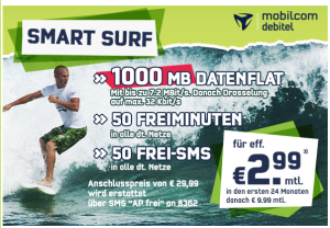 Top! Mobilcom Debitel O2 Smart Surf Aktion mit 1 GB Datenflat und 50 Min/50 SMS pro Monat für nur 2,99 Euro!