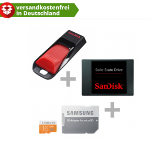 Comtech Speicherbundle mit SanDisk SSD 128GB, SanDisk 64GB USB-Stick, Samsung microSDHC 16GB für nur 75,- Euro inkl. Versand!