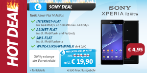 Sparhandy Hot Deal: Sparhandy Allnet-Flat M mit Allnet-Telefonflat, 500 MB Daten und SMS-Flat + Sony Xperia T2 Ultra Phablet für nur 19,90 monatlich und einmlig 4,95 Euro!