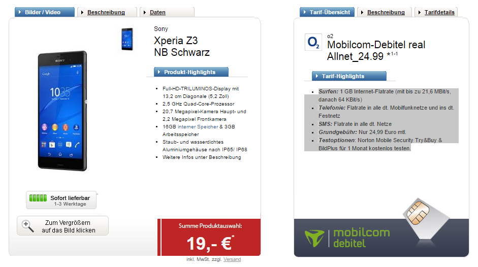 Mobilcom-Debitel real Allnet Tarif inkl. Smartphone für nur 24,99 Euro im Monat und ab 1,- Euro Zuzahlung