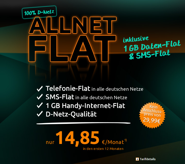 Allnet-Flat inkl. 1GB Internet im D-Netz für nur 22,35 Euro im Monat