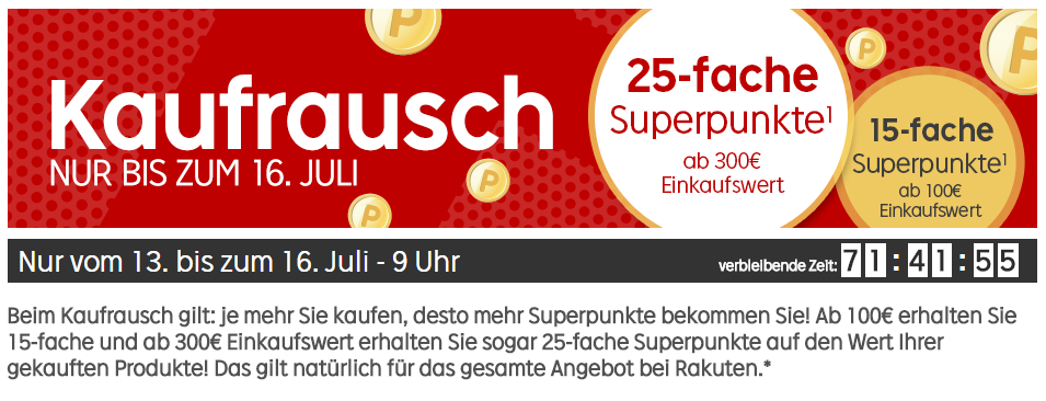 Rakuten Super Sale mit mit 25fach Superpunkten auf ALLES ab 300,- Euro Einkaufswert – 15fach Punkte ab 100,- Euro Einkaufswert!