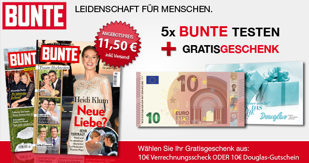 Noch verfügbar! 5 Ausgaben “BUNTE” effektiv nur 1,50 Euro durch Verrechnungsscheck