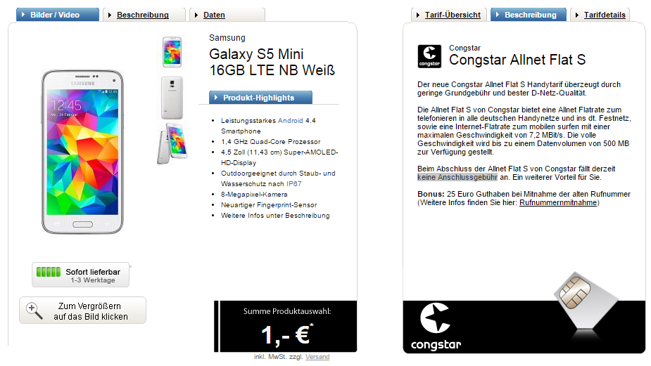 Congstar Allnet Flat S + Samsung Galaxy S5 Mini 16GB LTE für nur 19,99 Euro monatlich und 1,- Euro Zuzahlung!