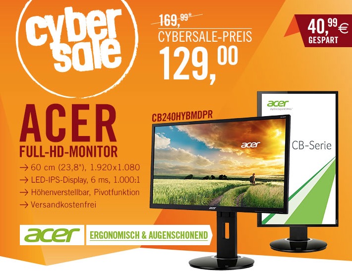 Acer CB240HYbmdpr 23,8″ 16:9 FullHD-Monitor mit IPS-Technology nur 129,- Euro inkl. Versand