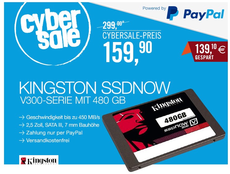 Kingston SSDNow V300 Laufwerk 480 GB nur 159,90 Euro inkl. Versand