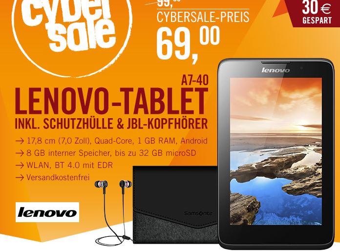 Lenovo Tablet A7-40 + Premium Samsonite Schutzhülle und JBL Kopfhörer für nur 69,- Euro inkl. Versand