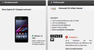 Top! Klarmobil D2 AllNet Startertarif für nur 9,95 Euro monatlich + Sony Xperia Z1 Compact für einmalig nur 59,99 Euro!