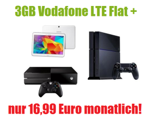 Für junge Leute und Studenten bis 30 Jahre: Vodafone DataGo M Young 3GB LTE Flat mit Sony Playstation 4 oder Samsung Galaxy Tab 4 10.1 16GB LTE und 90,- Euro Auszahlung!