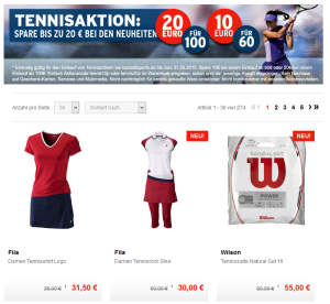 Karstadt Sports: 10,- Euro Gutscheincode mit 60,- Euro MBW oder 20,- Euro Gutscheincode mit 100,- Euro MBW auf Tennisartikel!