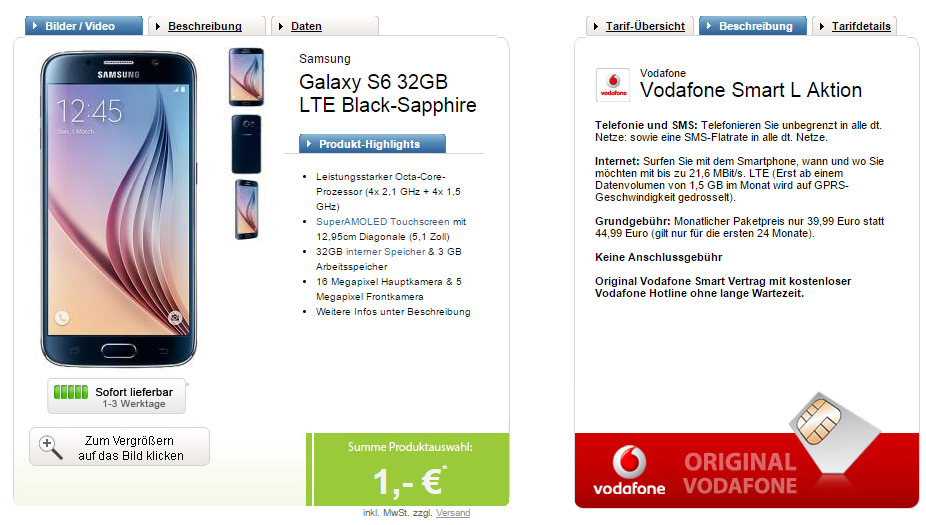 Vodafone Smart L Tarif für nur 39,99 Euro im Monat + Samsung Galaxy S6 32GB LTE für einmalig 1,- Euro