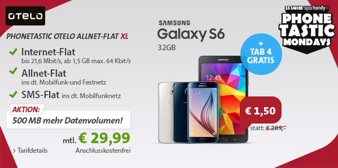 Knaller! Otelo Allnet Flat XL und Samsung Galaxy S6 32 GB + Galaxy TAB 4 für einmalig 1,50 Euro + 29,99 Euro pro Monat