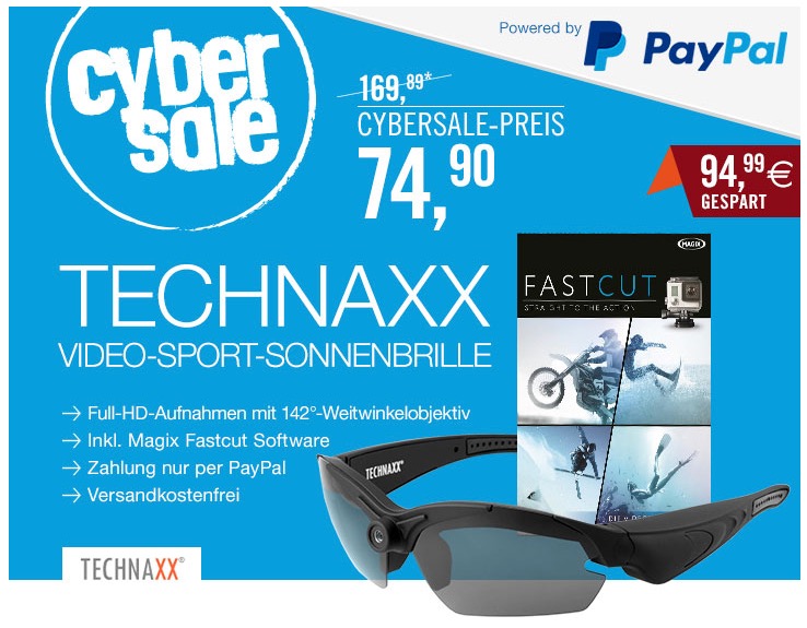 T﻿echnaxx Video-Sport-Sonnenbrille 1080P TX-25 schwarz inkl. Magix Fastcut nur 74,99 Euro inkl. Versand