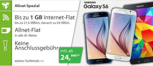 Logitel: MD real Allnet Flat mit 1GB Datenflat für 29,99 Euro/Monat + Samsung Galaxy S6 und Galaxy Tab 4 7.0 für 29,- Euro