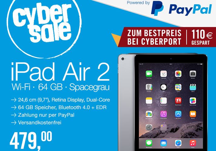Apple iPad Air 2 64 GB Wi-Fi in spacegrau bei Cyberport für nur 479,- Euro inkl. Versand