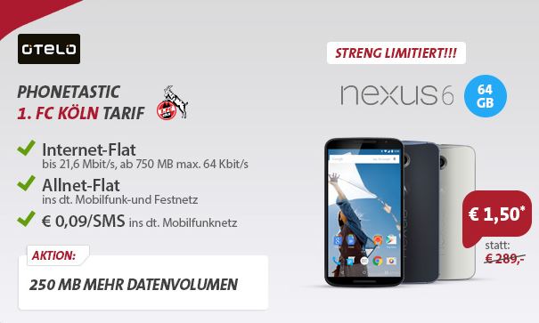 Tipp! Nexus 6 mit Otelo Allnet-Flat M + 750MB Datenvolumen für nur 19,48 Euro im Monat