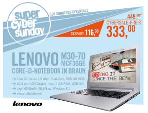 13″ Lenovo M30-70 MCF3GGE Notebook mit Intel i3-4030U und Windows 8.1 für 333,- Euro bei Cyberport!