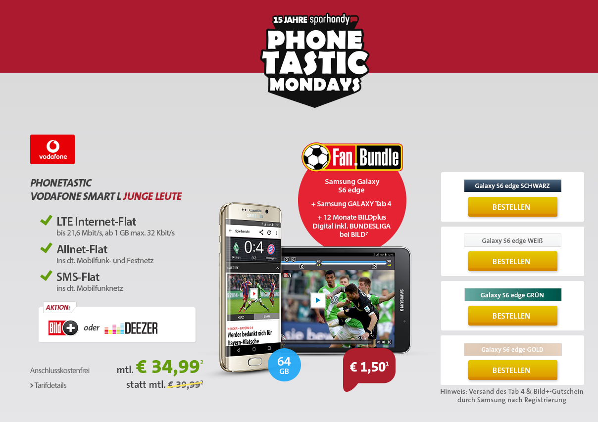 Für Junge Leute! Vodafone Smart L (1GB) + S6 Edge (64GB) + Galaxy Tab 4 für einmalig 1,50 Euro + 34,99 Euro monatlich