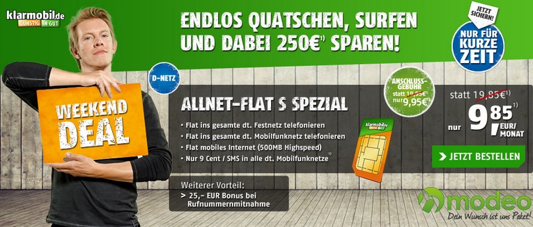 Endet heute! Allnet-Flat inkl. Internet-Flat (500MB) im sehr guten Netz nur 9,85 Euro monatlich