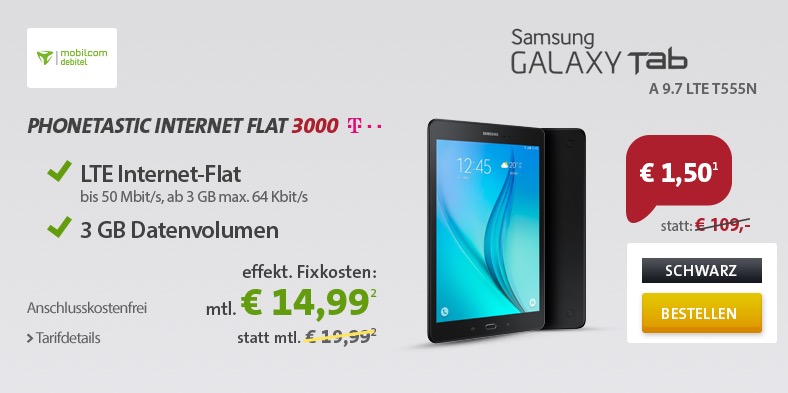 3GB Telekom LTE Datenflat inkl. Samsung Galaxy Tab A 16GB LTE nur 14,99 Euro monatlich // 9,99 monatlich mit Galaxy Tab 3 mit 3G