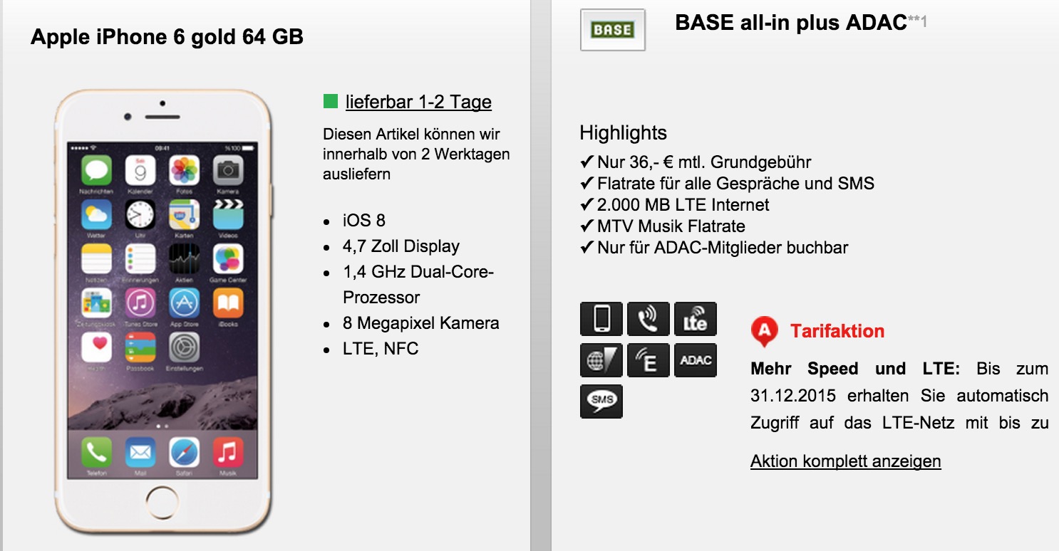 Base all-in Plus Vertrag + iPhone 6 64 GB schon ab 36,- Euro/Monat für ADAC Mitglieder + 69,- Euro Zuzahlung