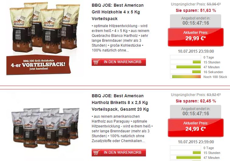 BBQ JOE: Best American Hartholz Briketts 8 x 2,5 Kg für nur 24,99 Euro bzw. BBQ JOE: Best American Grill Holzkohle 4 x 5 Kg für nur 29,99 Euro inkl. Versand