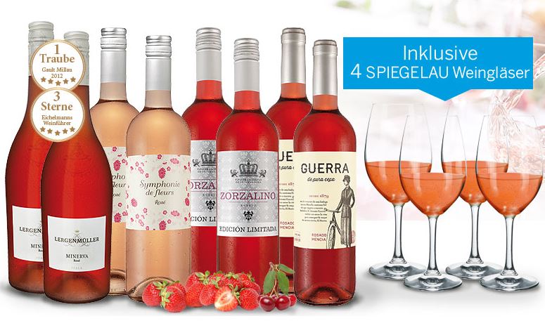 Noch ein Weinschnäppchen! 8 Flaschen Roséwein Sommelier Selektion + 4 Spiegelau Gläser für nur 39,99 Euro!