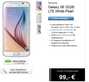 Congstar Allnet Flat L mit Allnet-Telefonflat, SMS-Flat und 1GB Datenflat für nur 29,99 Euro monatlich + Samsung Galaxy S6 für einmalig 99,- Euro Zuzahlung!