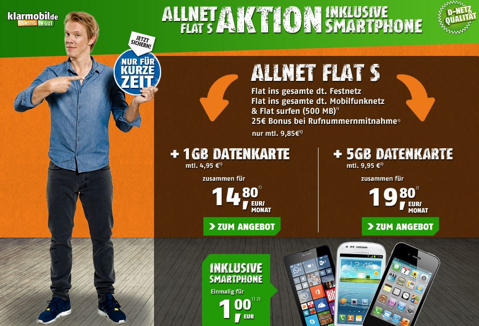 DualSIM Klarmobil Allnet-Spar-Flat + klarmobil Surf Spar Flat (1GB oder 5GB) für nur 14,80 bzw 19,80 Euro im Monat (dazu Einsteigersmartphone für nur 1,- Euro)